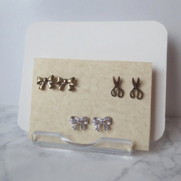 Set of Three Stud Earrings S1 Brass Bow Scissors and Silver Diamanté Ribbons - Picture 2 of 7